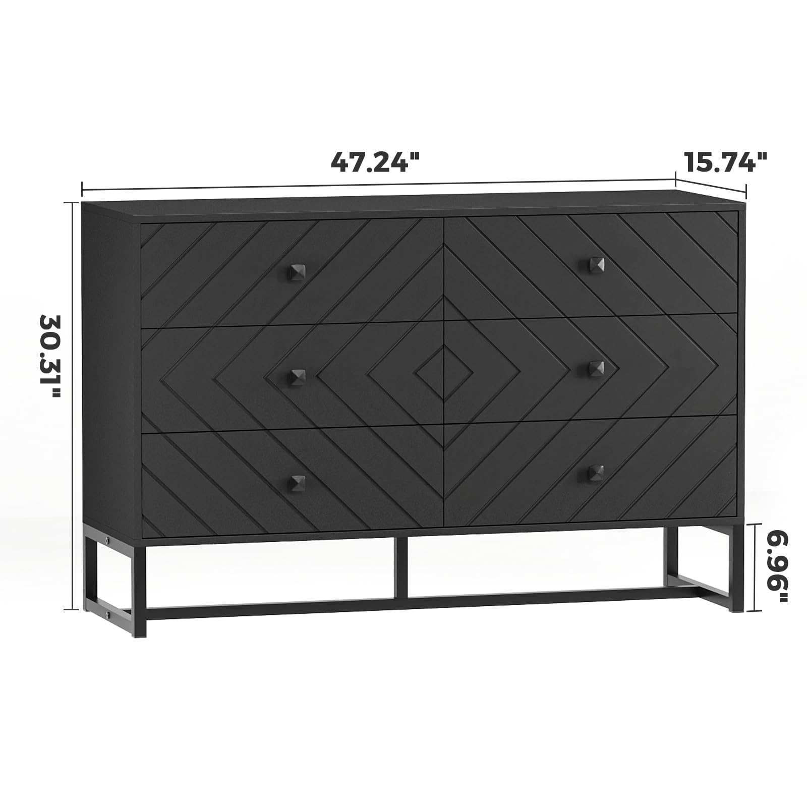 Vrullu Black Dresser for Bedroom with 6 Drawer, Wood Dressers & chests of Drawers with Black Knobs, Modern Storage Drawers for Entryway, Closet, Hallway (1, Dark Black)