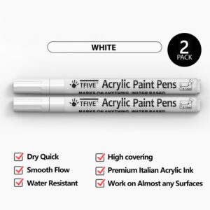 TFIVE White Paint Marker Paint Pens - 2 Pack Acrylic Permanent Marker, 0.7mm Extra Fine Tip Paint Pen for Art Projects, Drawing, Rock Painting, Ceramic, Glass, Wood, Plastic, Metal, Canvas DIY Crafts