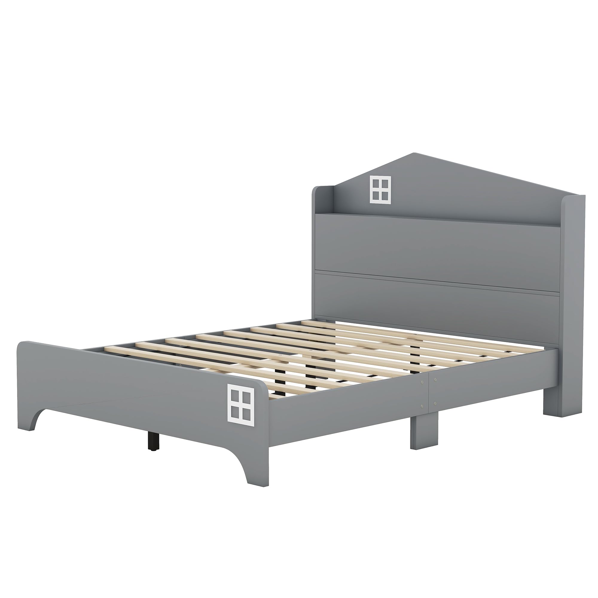 VilroCaz Funny Design Full Size Kids Bed Platform Bed with Storage Headboard, Wooden Platform Bed Frame with Shelves for Kids Teens Boys Girls Bedroom, Sturdy Slat Support (Grey-WF1)