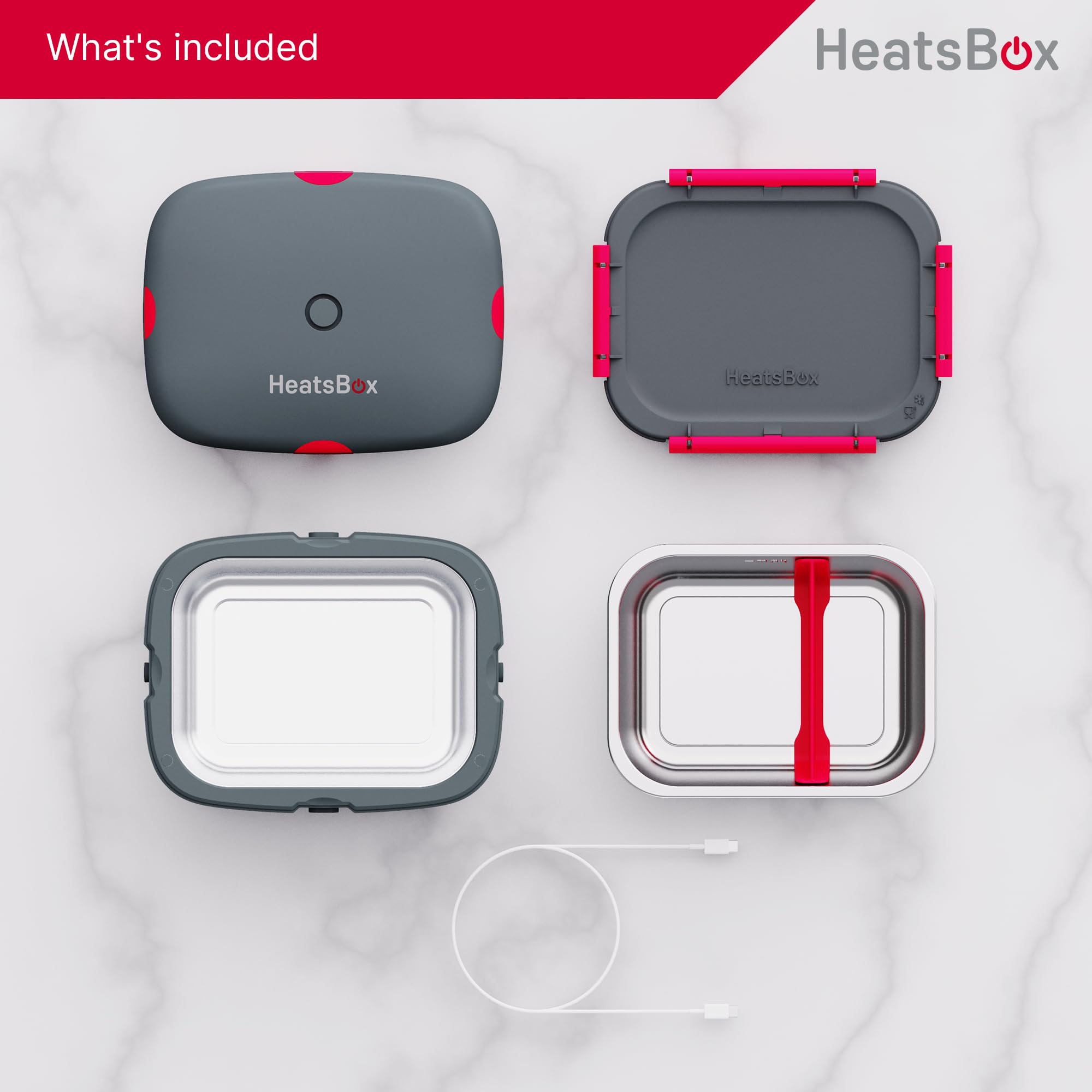 HeatsBox Electric Lunch Box 100W Portable Food Warmer | App Control | Car, Truck, Office, Outdoor Work | 31oz Stainless Steel Battery Powered Self Heating Lunchbox | 12V 24V 110V | Ideal Gift