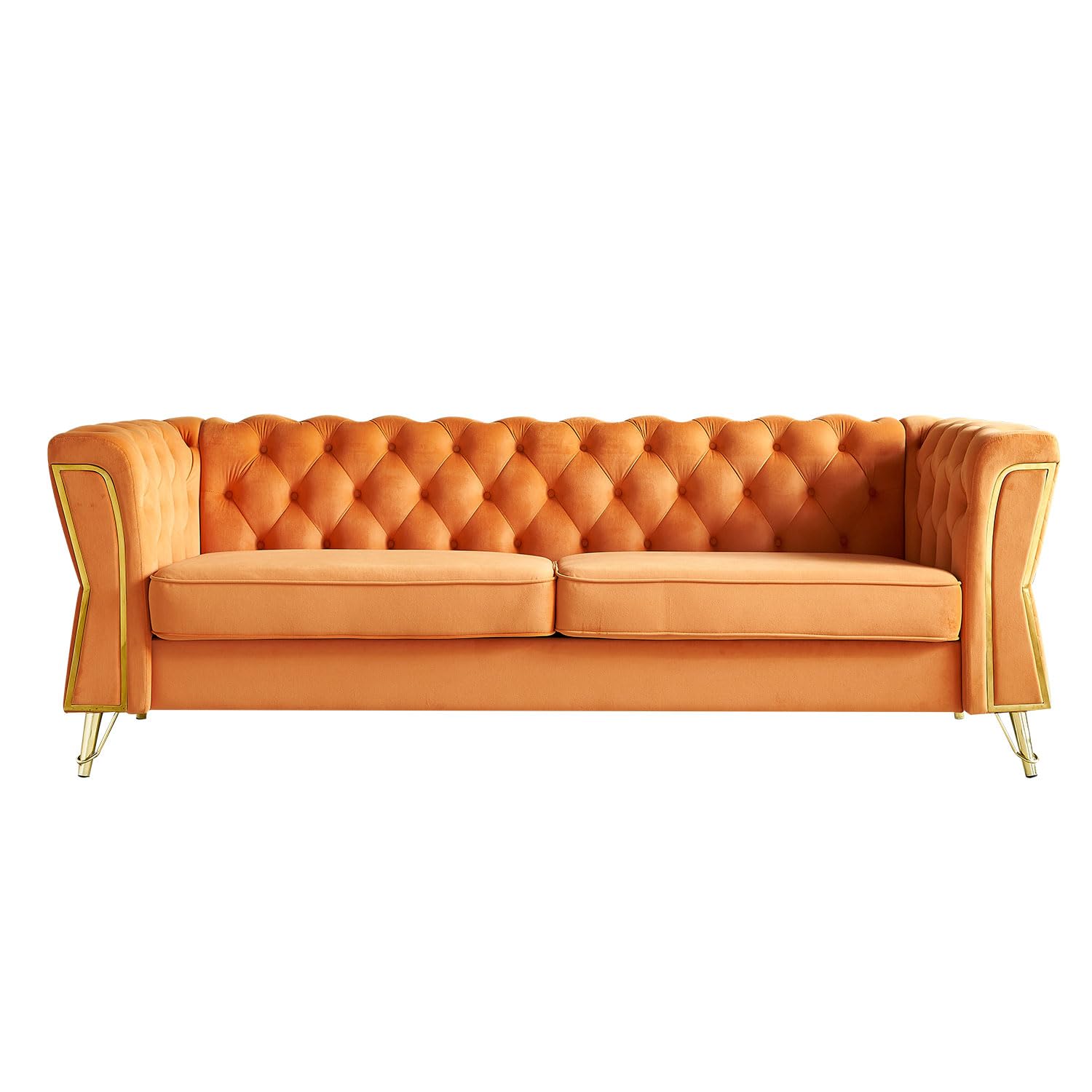 Vensico Modern Velvet Sofa Couch for Living Room, 87.4 Inch Long Tufted Sofa Unique Upholstered Couch Oversized Sofa Decor Furniture with Golden Metal Legs (Orange)