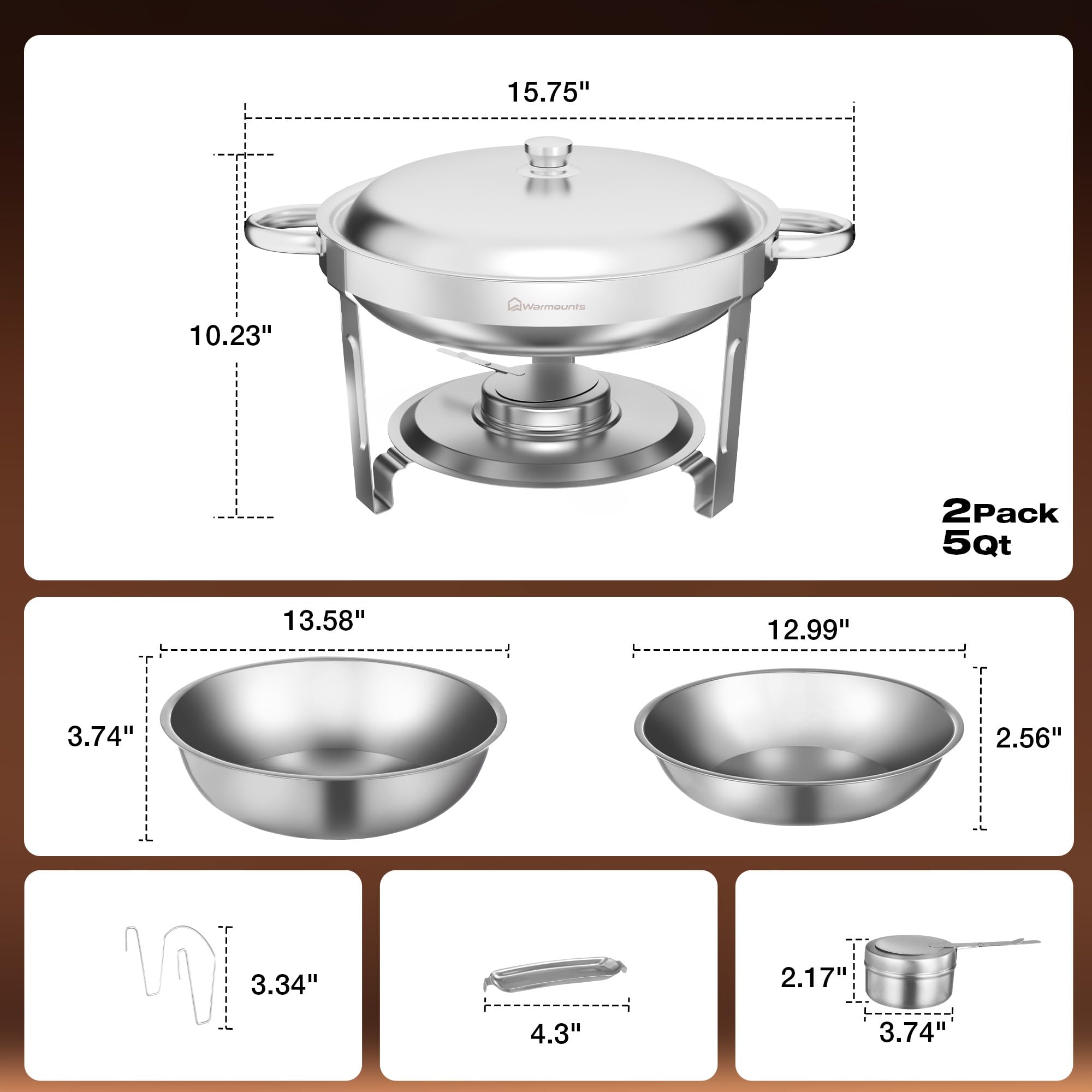 WARMOUNTS Chafing Dishes for Buffet 5QT, [95% Pre-Assembled] Round Chafing Dish Buffet Set w/Lid Holder, Stainless Steel Chafers and Buffet Warmers Sets for Parties, Wedding, Camping, Dinner (2)