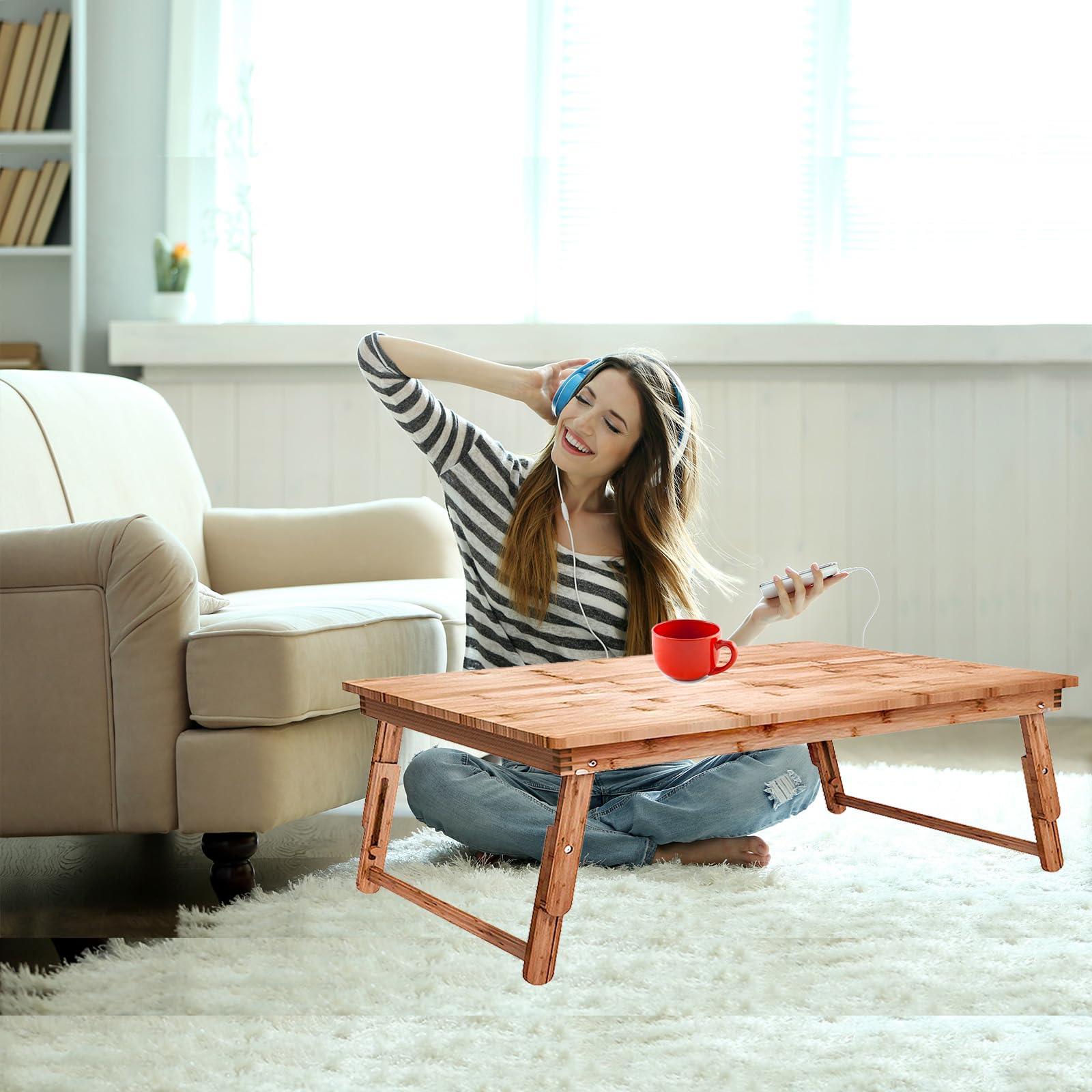 koyasiry Floor Table Tray with Folding Legs Adjustable Low Coffee Table for Sitting on Floor Bamboo,Fully Assembled,33.5x17.7in