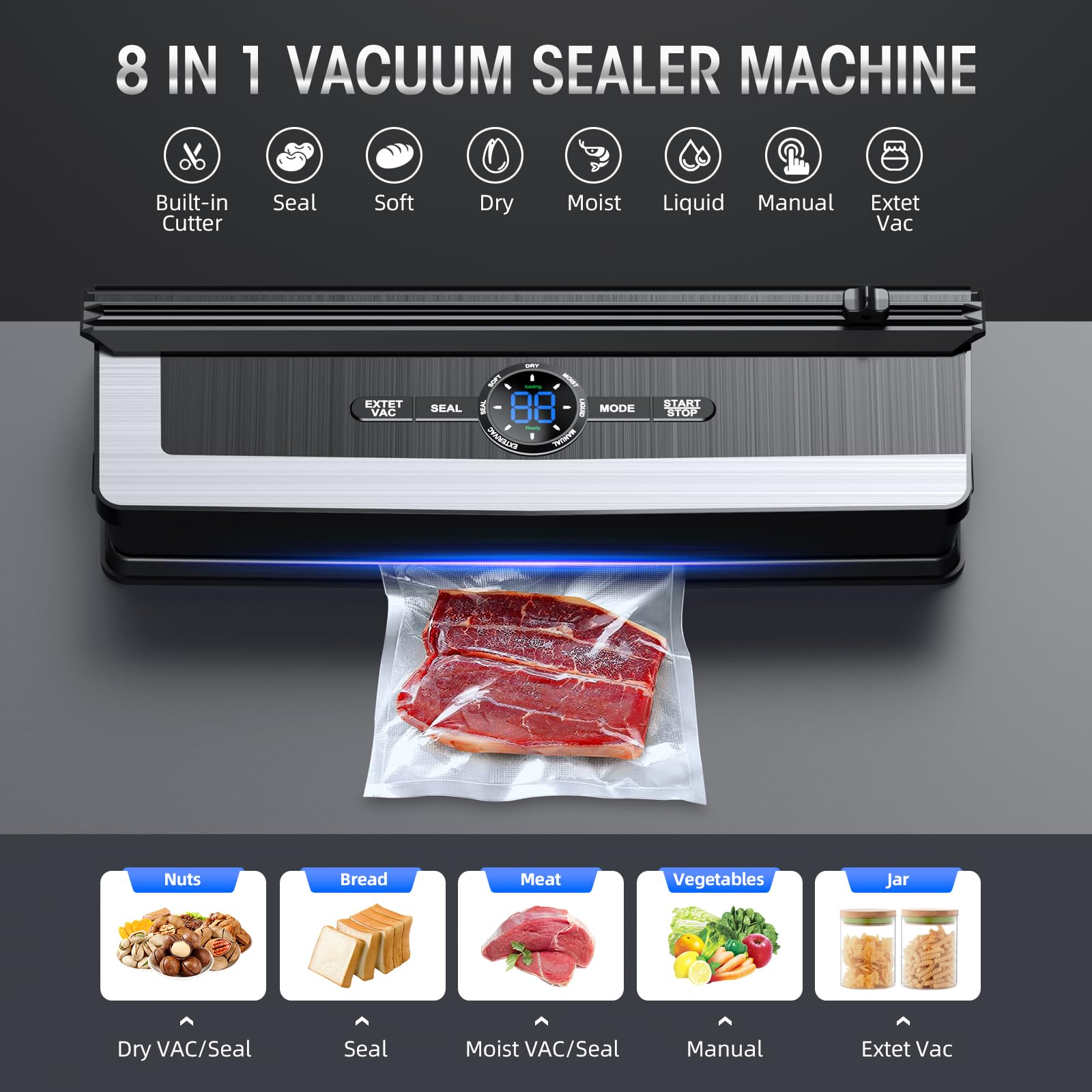 Vacuum Sealer Machine - 8 in 1 Food Vacuum Sealer Machine with Build-in Cutter Automatic Air Sealing System LED Indicator for Food Storage Dry and Moist Food Modes with 15Pcs Seal Bags Kit (Black)