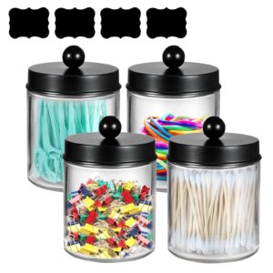 4Pcs Cotton Ball Holders with Lid, 9oz Clear Qtip Holder Dispenser Plastic Apothecary Jar Containers for Vanity Makeup Organizer Storage Bathroom Accessories Set for Cotton Swab, Ball, Pads (Black)