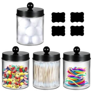 4Pcs Cotton Ball Holders with Lid, 9oz Clear Qtip Holder Dispenser Plastic Apothecary Jar Containers for Vanity Makeup Organizer Storage Bathroom Accessories Set for Cotton Swab, Ball, Pads (Black)