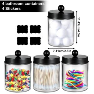 4Pcs Cotton Ball Holders with Lid, 9oz Clear Qtip Holder Dispenser Plastic Apothecary Jar Containers for Vanity Makeup Organizer Storage Bathroom Accessories Set for Cotton Swab, Ball, Pads (Black)