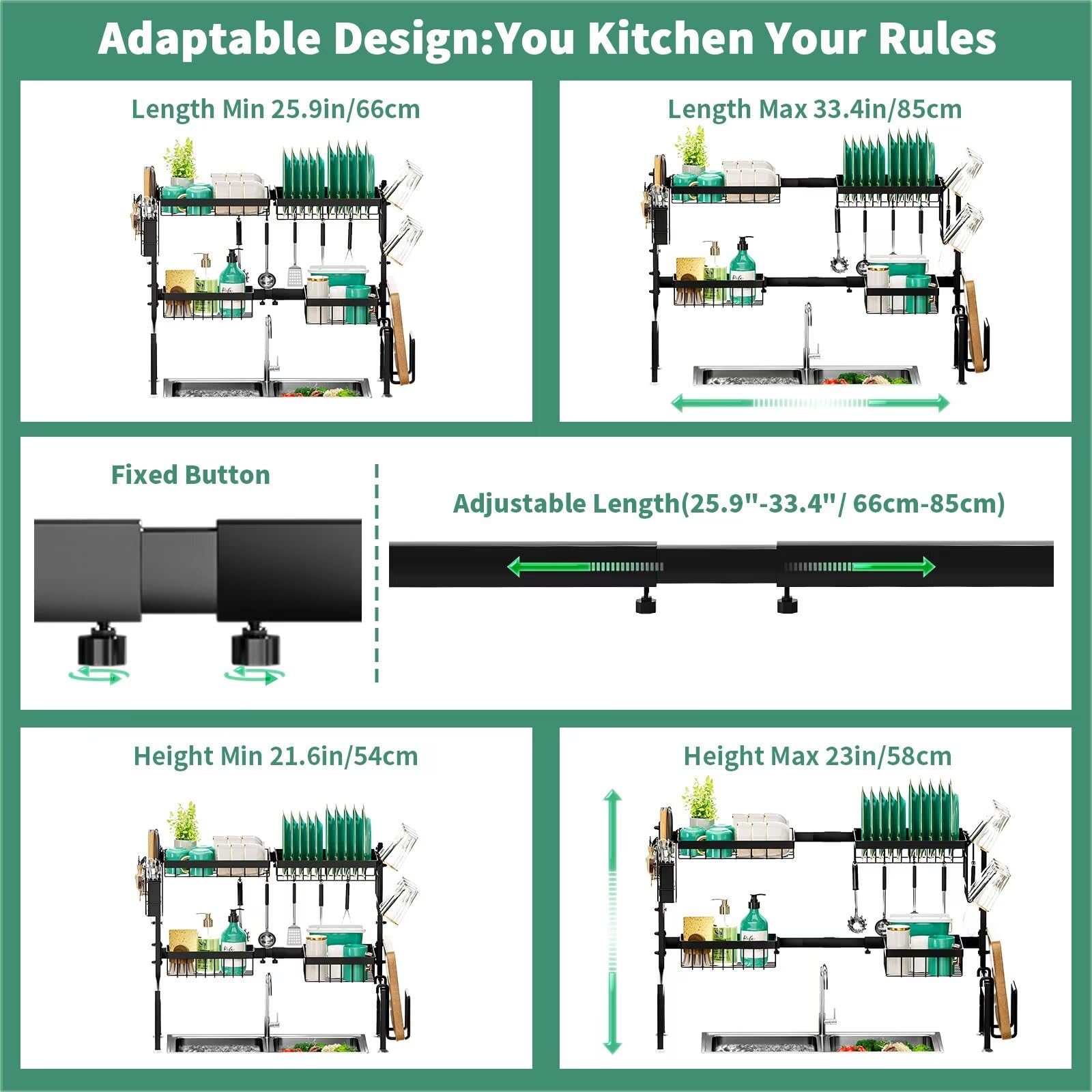 MOUKABAL Stainless Steel Over The Sink Dish Drying Rack -Adjustable Over Sink Dish Rack- Length(25.9"-33.4")-Space-Saving -Multifunctional Over The Sink Dish Drainer Drying Rack for Kitchen Counter