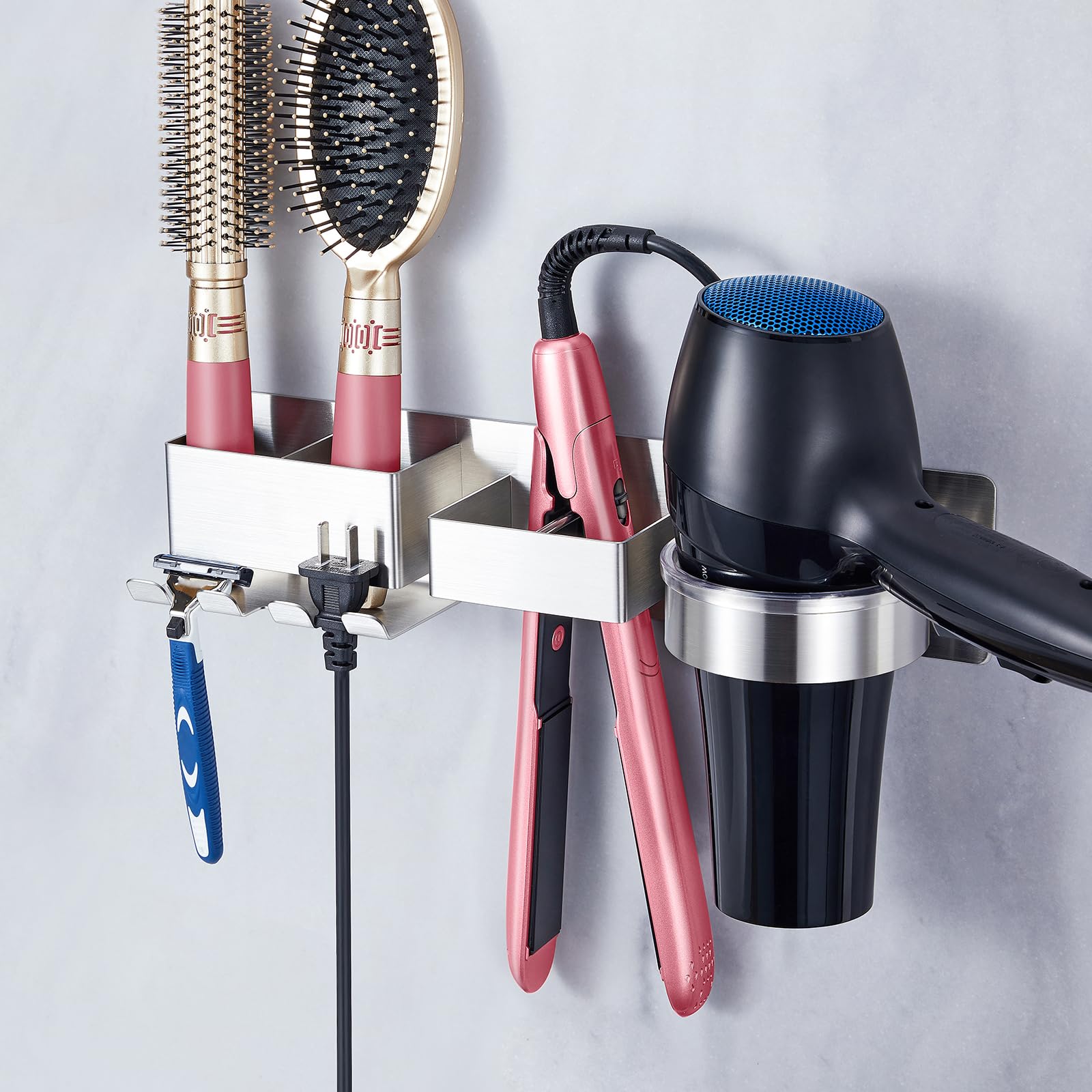 Hair Dryer Holder Wall Mounted, Blow Dryer Holder, Stainless Steel Hair Dryer and Straightener Holder, Hair Tool Organizer for Hair Dryer, Curling Iron Holder, Adhesive Hairdryer Holder for Bathroom