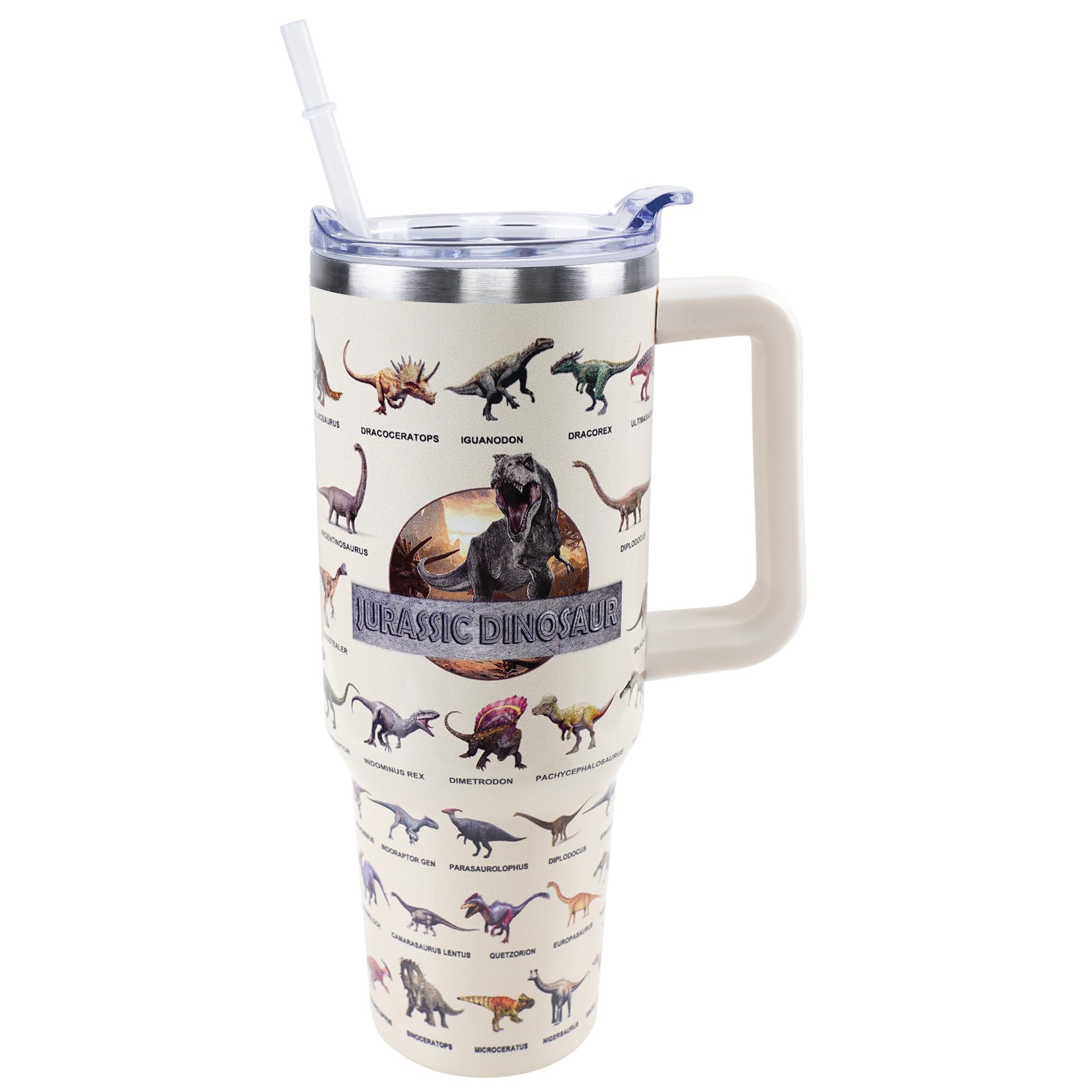 XAIVEZL Dinosaur Mug 40 oz Tumbler with Handle and Straw Lid Leak Proof - 40 Ounce Tumbler for Jurassic Dino World Park Dinosaur Birthday Decorations Party Supplies Stainless Steel Cup