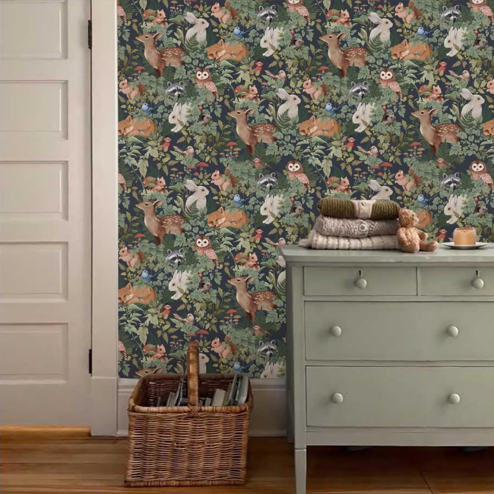 MuralPeel Animal Leaf Forest Deer Rabbits Squirrel Owl Green Plants Peel and Stick Wallpaper Self Adhesive Removable Easy Peel Off Contact Paper Stick on Wall Paper for Bedroom&Renter