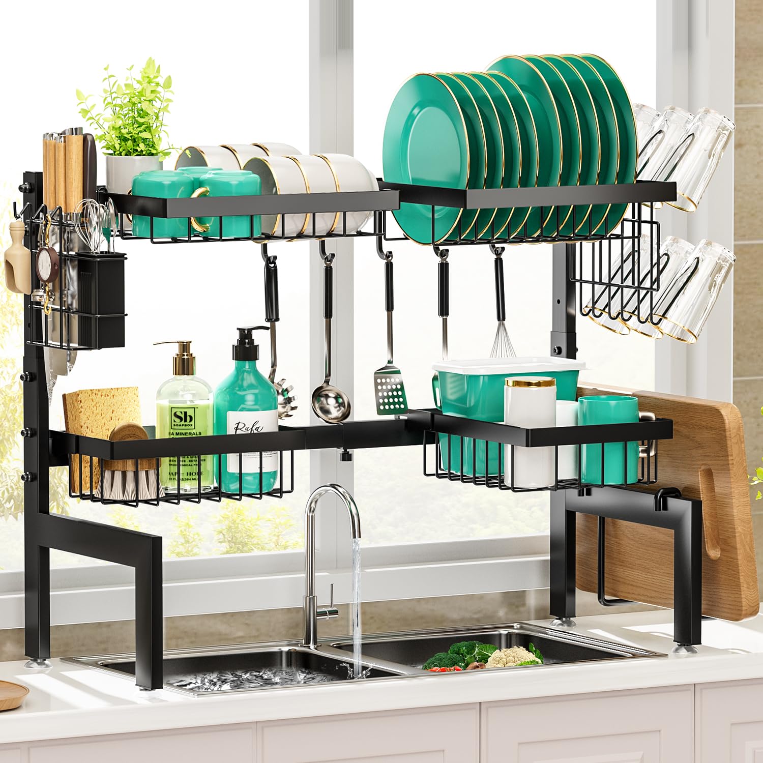 MOUKABAL Stainless Steel Over The Sink Dish Drying Rack -Adjustable Over Sink Dish Rack- Length(25.9"-33.4")-Space-Saving -Multifunctional Over The Sink Dish Drainer Drying Rack for Kitchen Counter