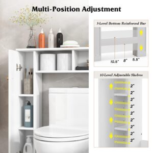 Tangkula Over The Toilet Storage Cabinet, Freestanding Above Toilet Organizer w/ 10-Level Adjustable Shelves & Crossbar, Anti-Tipping Device Included, Bathroom Space Saver (Modern, White)