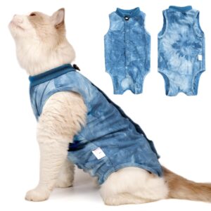 cat recovery suit for male and female surgical post surgery soft cone onesie tie dye cats shirt clothes neuter licking protective diapers outfit cover kitten spay collar alternative(navy blue, l)