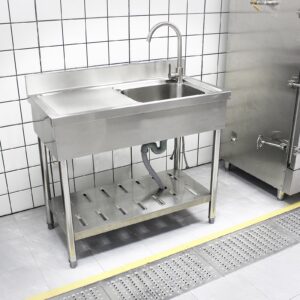 Treshin Stainless Steel Utility Sink, Free Standing Single Bowl Commercial Sink Set w/Workbench & Storage Shelves, Faucet, for Restaurant, Kitchen, Garage, Laundry, 19.6"D x 47.2"W x 37.4"H