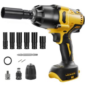 f finec cordless impact wrench compatible with 20v dewalt max battery, 600n.m 1/2-inch mid-range and 3/8-inch high torque impact wrench with 6 pcs drive impact sockets, brushless motor(no battery)