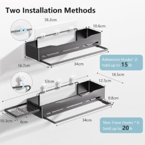 CLESOO Shower Caddy - 2 Pack No Drilling Adhesive Shower Rack with Soap Holder & 2 Toothbrush Holder - Rustproof Large Capacity Shower Organizer with Towel Rack for Bathroom, Kitchen Storage