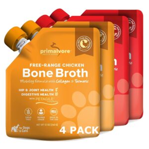 primalvore free-range bone broth for dogs &cats, mobility formula w/collagen peptides to help support hip & joints, digestion, skin & coat and hydration, human grade, mix 4 pack chicken and beef