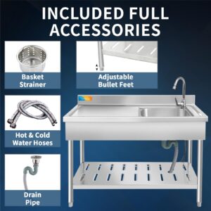 Treshin Stainless Steel Utility Sink, Free Standing Single Bowl Commercial Sink Set w/Workbench & Storage Shelves, Faucet, for Restaurant, Kitchen, Garage, Laundry, 19.6"D x 47.2"W x 37.4"H