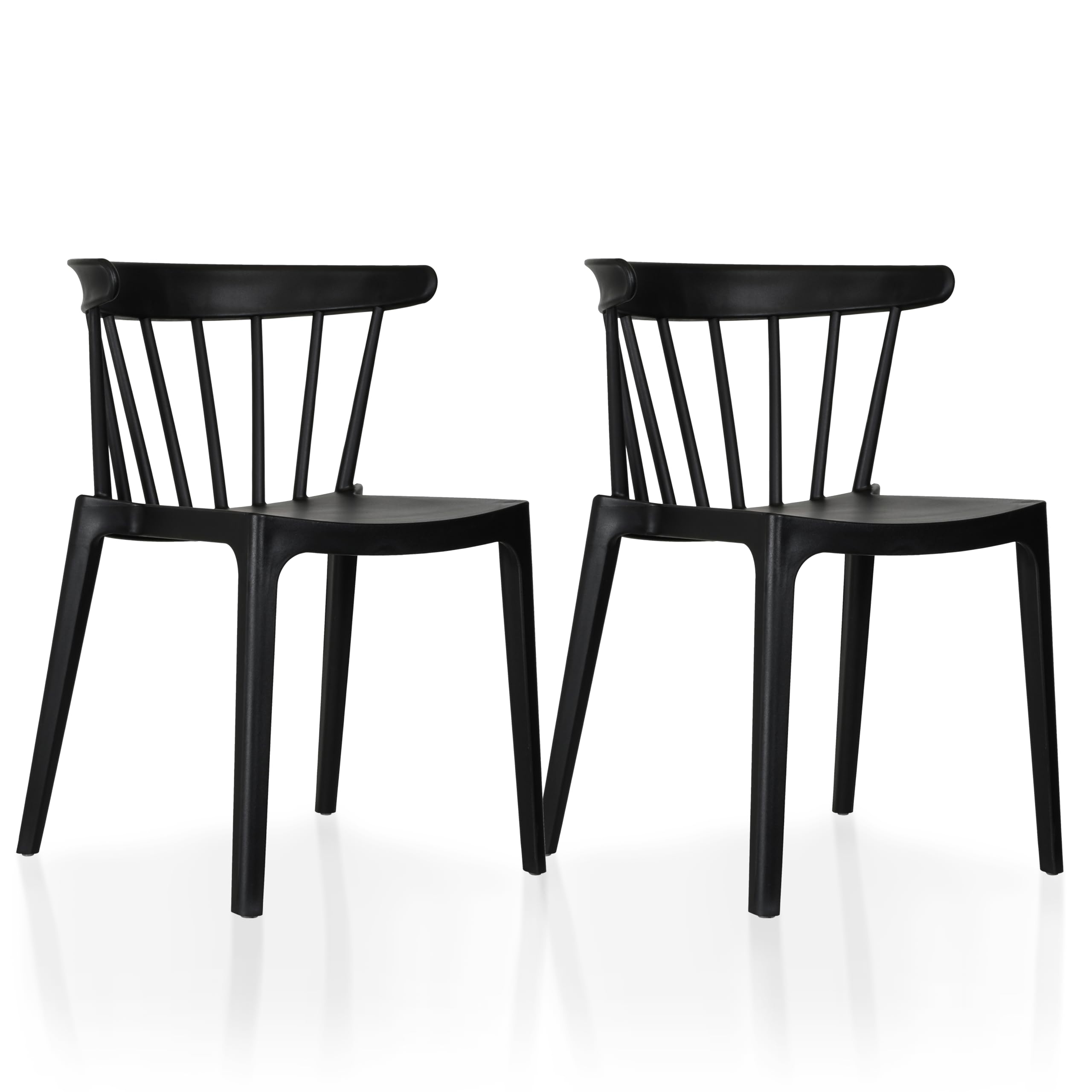 2xhome Set of 2 Stackable Modern Plastic Low Back Windsor Dining Chairs with Spindle Back for Kitchen Indoor Outdoor Patio Office Black