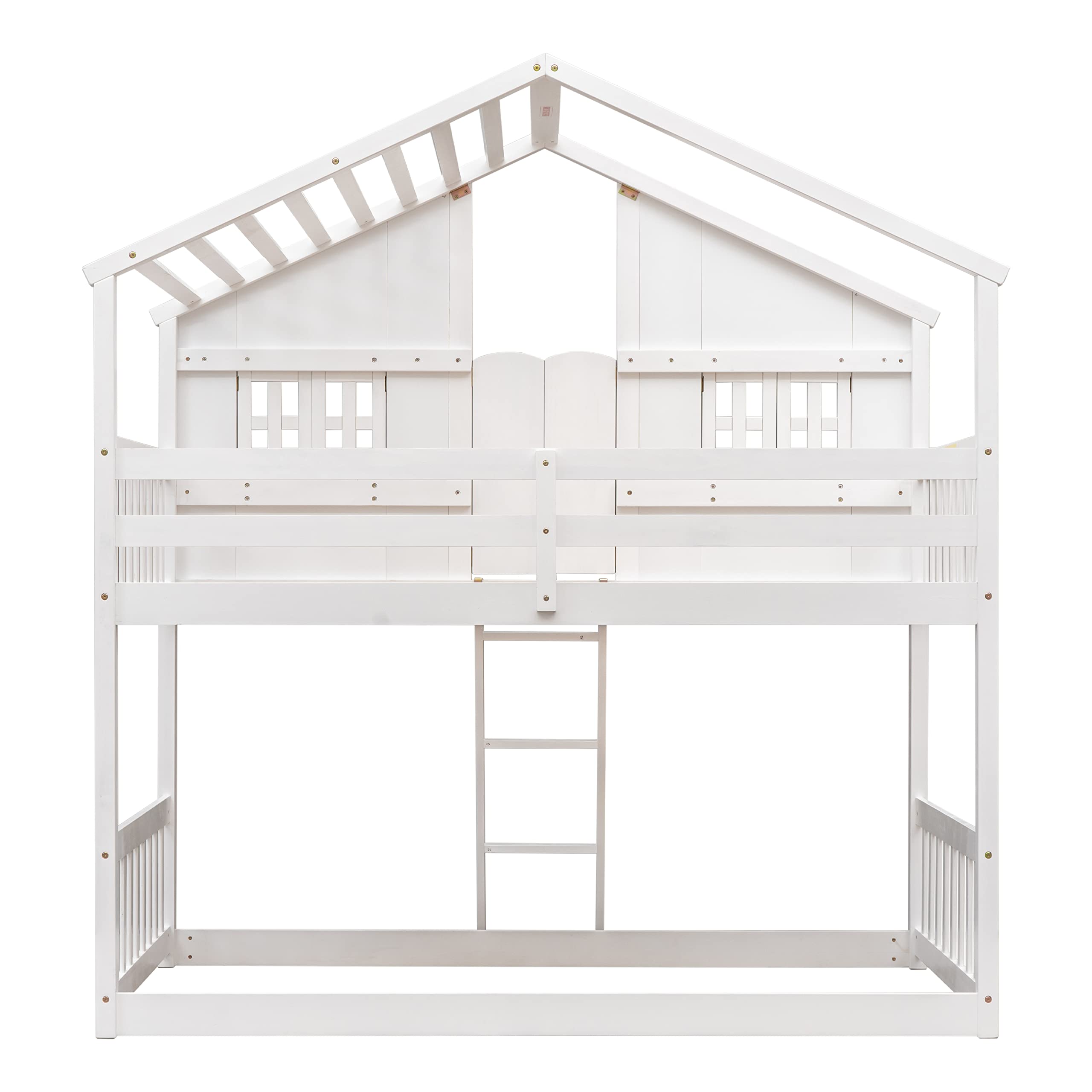 DEYOBED Twin Over Twin House Bed, Twin Bunk Beds Frame with Roof and Window Door, Window Box, Ladder, Wooden Playhouse Bunk Bed for Kids Girls Boys Teens, White