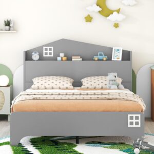 VilroCaz Funny Design Full Size Kids Bed Platform Bed with Storage Headboard, Wooden Platform Bed Frame with Shelves for Kids Teens Boys Girls Bedroom, Sturdy Slat Support (Grey-WF1)