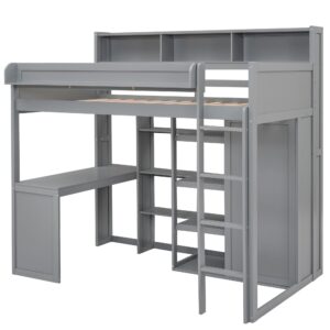 Twin Loft Bed with Storage Shelves and Under-Bed Desk, Wooden Bed Frames with Wardrobe and 3 Cabinets, Gray