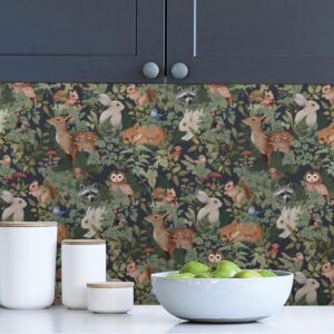 MuralPeel Animal Leaf Forest Deer Rabbits Squirrel Owl Green Plants Peel and Stick Wallpaper Self Adhesive Removable Easy Peel Off Contact Paper Stick on Wall Paper for Bedroom&Renter