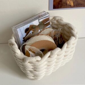 rxmori cotton rope storage baskets, rectangle woven storage baskets, desktop storage basket, white simple desktop storage organizer for key wallet cosmetics