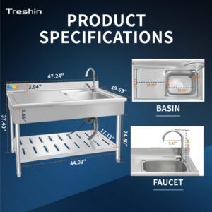 Treshin Stainless Steel Utility Sink, Free Standing Single Bowl Commercial Sink Set w/Workbench & Storage Shelves, Faucet, for Restaurant, Kitchen, Garage, Laundry, 19.6"D x 47.2"W x 37.4"H