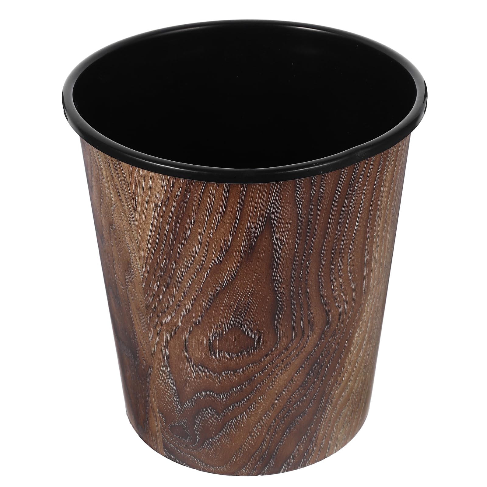 WOFASHPURET Plastic Trash Can, Vintage Small Trash Can, 1.83 Gallon Plastic Round Wastebasket Imitation Wood Grain Garbage Bin Brown Open Top Garbage Can for Office, Living Room, Hotel, Bathroom