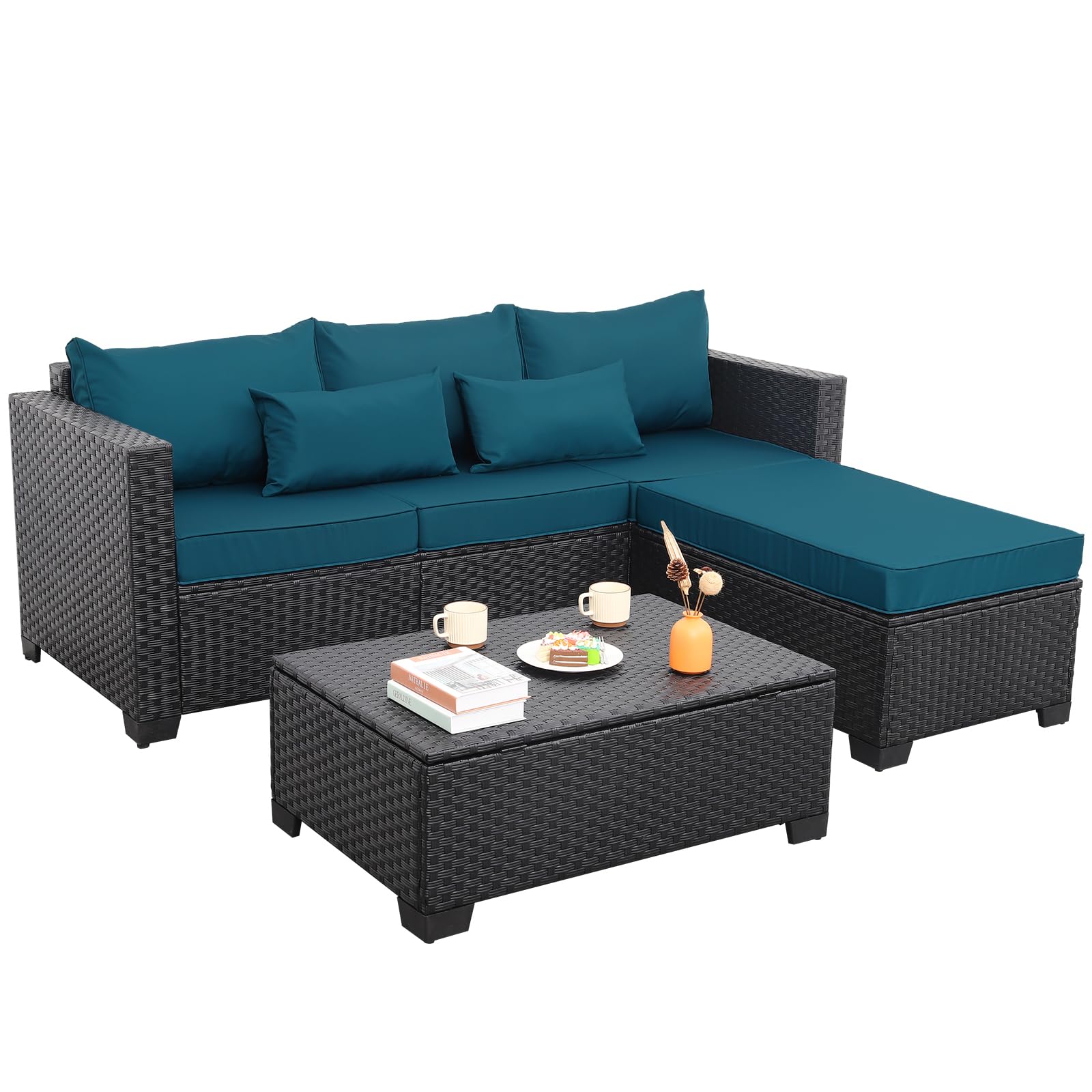 Rattaner 3 Pieces Patio Furniture Set Outdoor Sectional Wicker Patio Furniture Patio Couch with Ottoman and Outdoor Storage Table All-Weather Anti-Slip Cushions Waterproof Covers, Peacock Blue