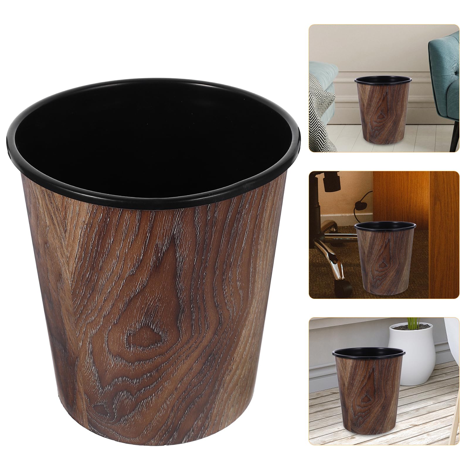 WOFASHPURET Plastic Trash Can, Vintage Small Trash Can, 1.83 Gallon Plastic Round Wastebasket Imitation Wood Grain Garbage Bin Brown Open Top Garbage Can for Office, Living Room, Hotel, Bathroom