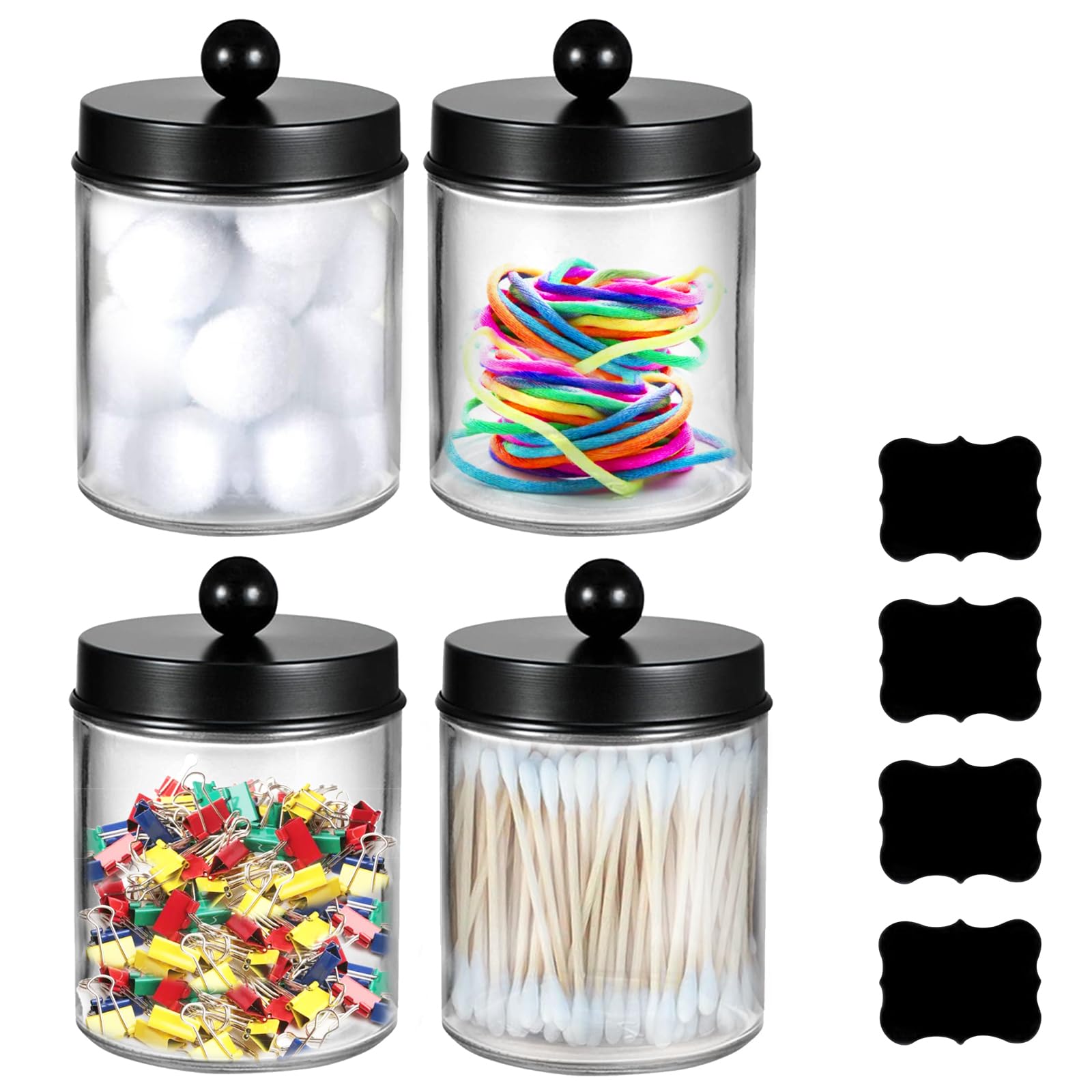 4Pcs Cotton Ball Holders with Lid, 9oz Clear Qtip Holder Dispenser Plastic Apothecary Jar Containers for Vanity Makeup Organizer Storage Bathroom Accessories Set for Cotton Swab, Ball, Pads (Black)