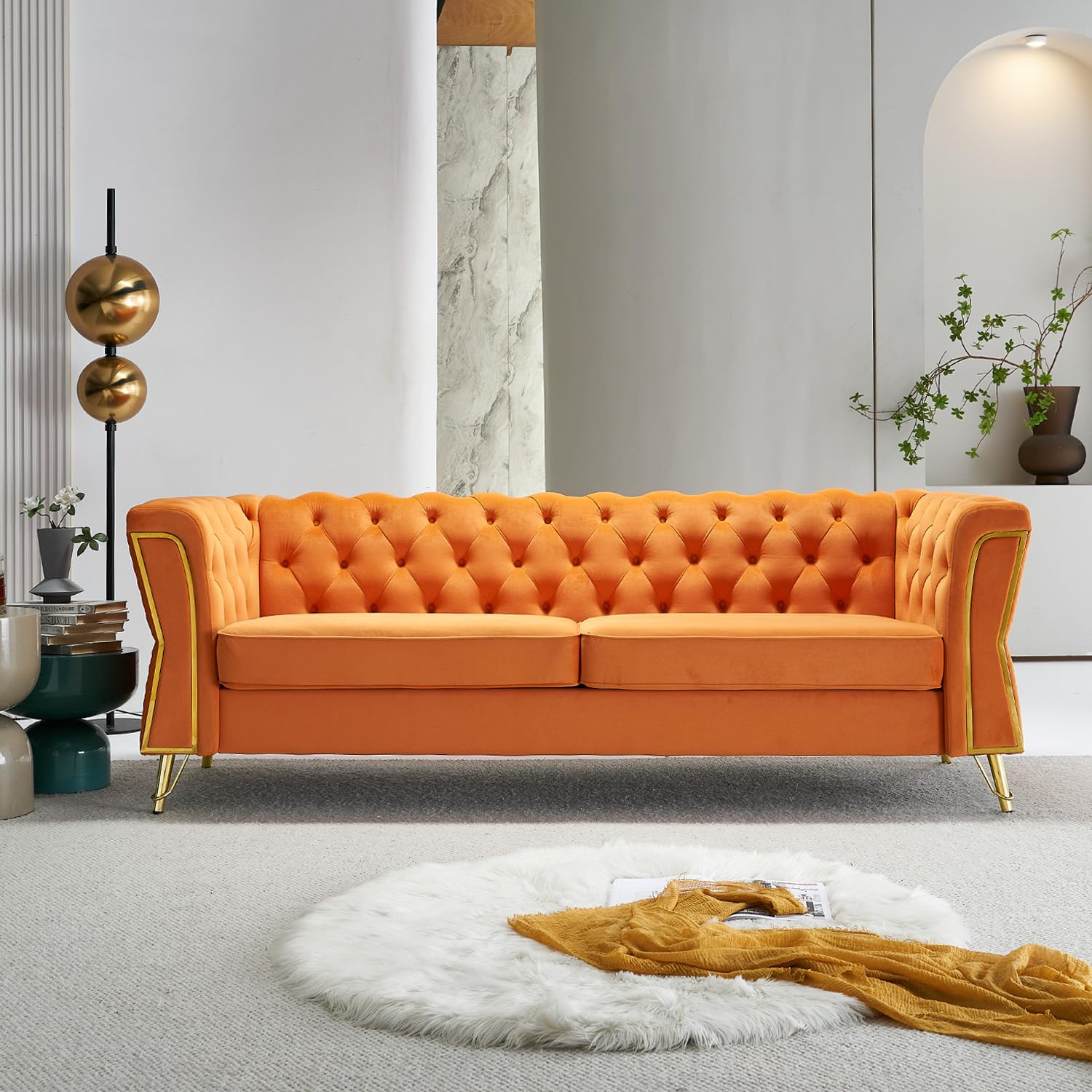 Vensico Modern Velvet Sofa Couch for Living Room, 87.4 Inch Long Tufted Sofa Unique Upholstered Couch Oversized Sofa Decor Furniture with Golden Metal Legs (Orange)