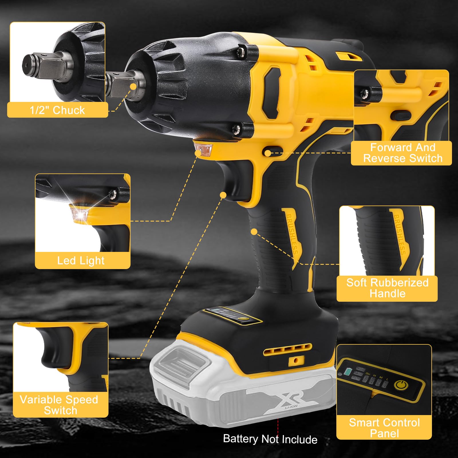 F FINEC Cordless Impact Wrench Compatible with 20V Dewalt Max Battery, 600N.m 1/2-Inch Mid-Range and 3/8-inch High Torque Impact Wrench with 6 Pcs Drive Impact Sockets, Brushless Motor(No battery)