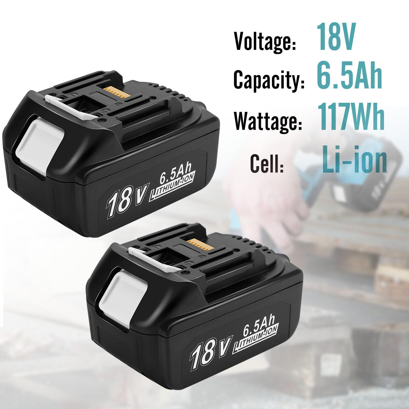 HUSUE 2 Pack 18V 6.5Ah Replacement Battery for Makita 18V Battery, Li-Ion Battery Replace for Makita 18V Battery BL1815 BL1820 BL1825 BL1830 BL1835, Compatible with Makita 18V Cordless Power Tools