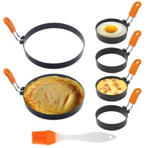 egg ring pancake ring set, 4 pcs egg rings for frying eggs 4 inch and 2 pcs pancake rings 6 inch stainless steel fried egg mold pancake molds for griddle with silicone handle for breakfast omelette