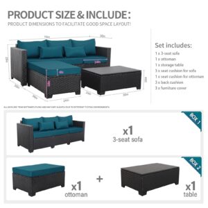 Rattaner 3 Pieces Patio Furniture Set Outdoor Sectional Wicker Patio Furniture Patio Couch with Ottoman and Outdoor Storage Table All-Weather Anti-Slip Cushions Waterproof Covers, Peacock Blue