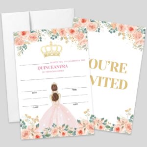 aehie 20 sets 15th quinceanera party shaped fill-in invitations with envelopes, pink floral crown princess rose invitations invite rsvp cards for 15 year old girls, bridal shower party invites