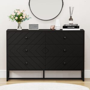 vrullu black dresser for bedroom with 6 drawer, wood dressers & chests of drawers with black knobs, modern storage drawers for entryway, closet, hallway (1, dark black)