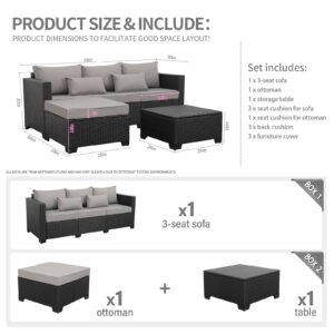 Rattaner 3 Pieces Patio Furniture Set Outdoor Sectional Wicker Patio Furniture Patio Couch with Ottoman and Outdoor Storage Table All-Weather Anti-Slip Cushions Waterproof Covers, Light Grey