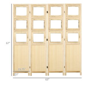 HOMCOM 4 Panel Room Divider, 5.6' Indoor Wood Portable Folding Privacy Screens with Photo Frames and Cardstocks, Hinged Freestanding Partition Wall Dividers for Home Office, Natural