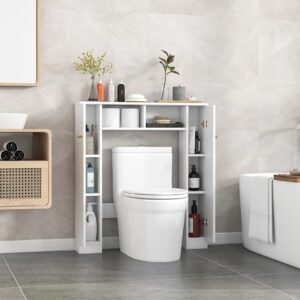 Tangkula Over The Toilet Storage Cabinet, Freestanding Above Toilet Organizer w/ 10-Level Adjustable Shelves & Crossbar, Anti-Tipping Device Included, Bathroom Space Saver (Modern, White)