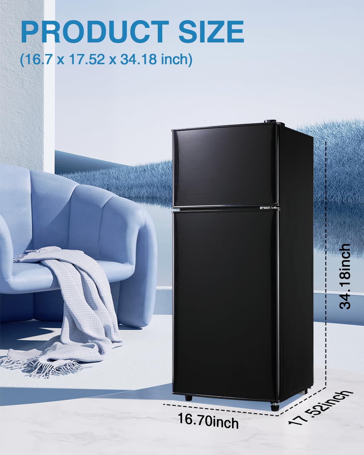 EUASOO FLS-80-BLACK 3.5Cu.Ft Compact, Small Refrigerator with Freezer, 7 Level Adjustable Thermostat, Retro Fridge with Dual Door for Garage, Dorm,Bedroom, Office, Apartment, Black