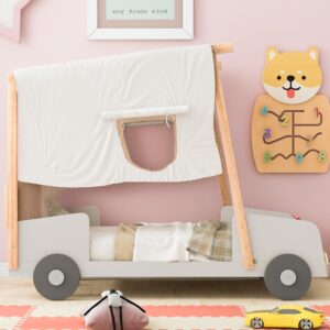 YOPTO Twin Size Pillow, Ceiling Cloth Light LED,Magazine Holder,Wood Car-Shape Bed for Boys Girls,Bedroom Furniture for Children,Natural, 62.3" Hx79.3 Lx42.6 W