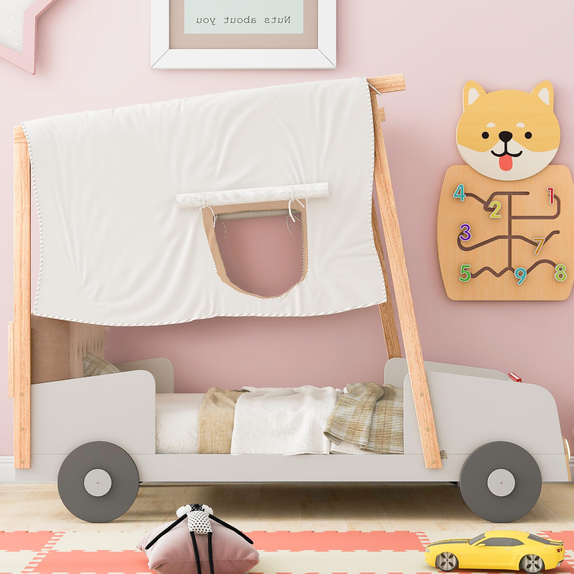 YOPTO Twin Size Pillow, Ceiling Cloth Light LED,Magazine Holder,Wood Car-Shape Bed for Boys Girls,Bedroom Furniture for Children,Natural, 62.3" Hx79.3 Lx42.6 W