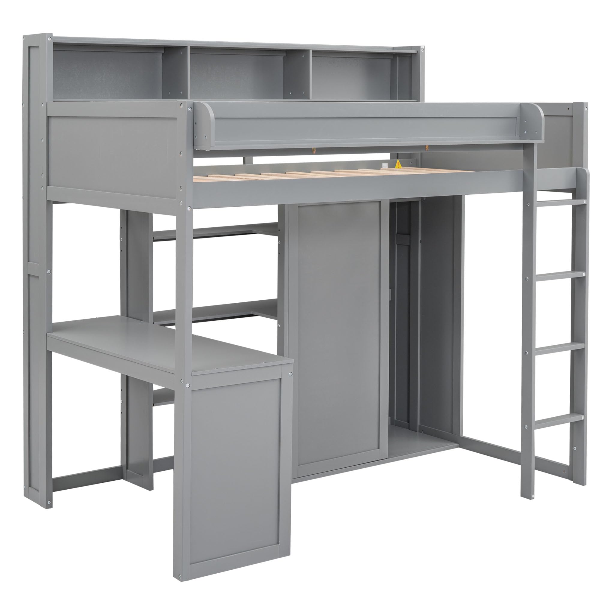 Twin Loft Bed with Storage Shelves and Under-Bed Desk, Wooden Bed Frames with Wardrobe and 3 Cabinets, Gray