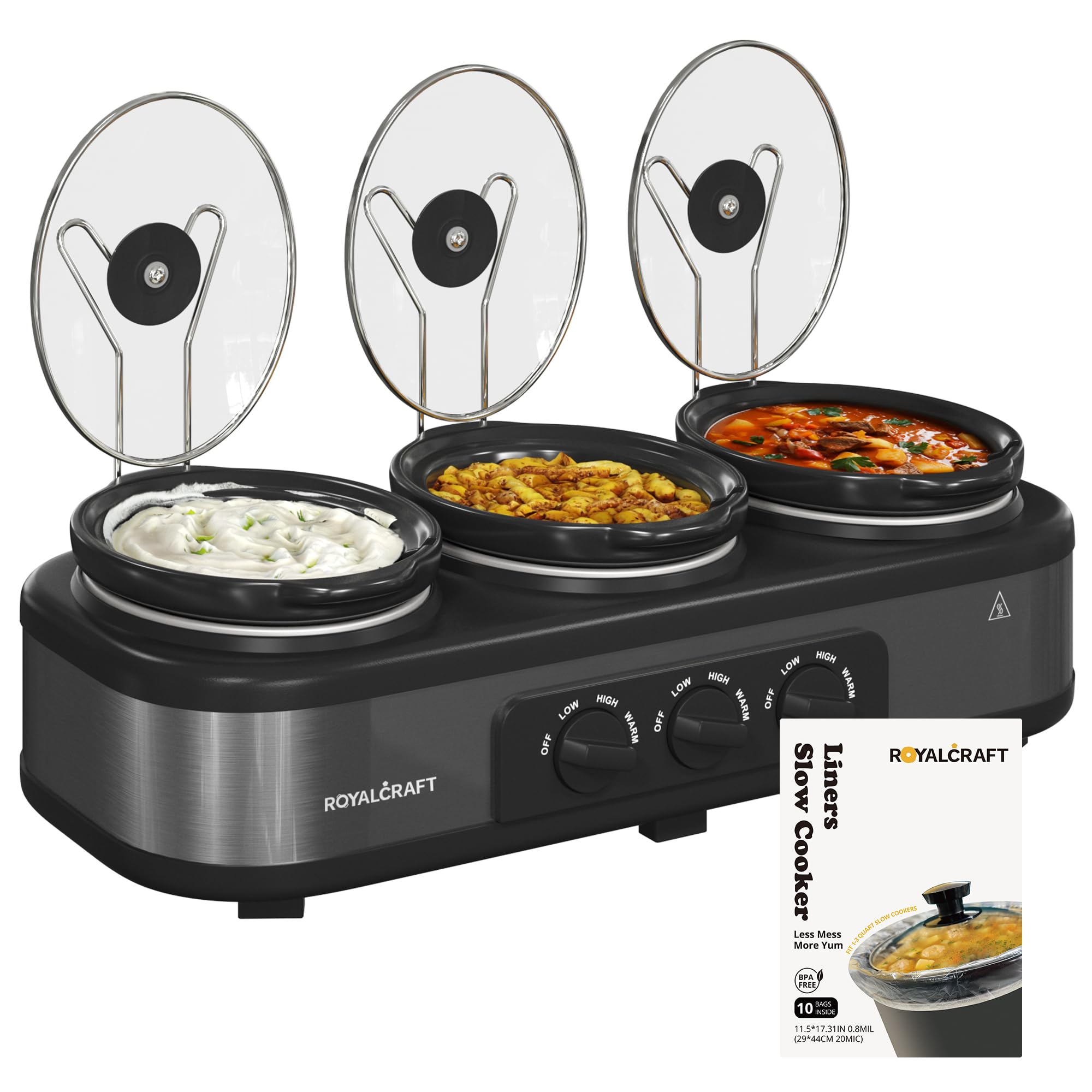 Sunvivi Slow Cooker with 10 Cooking Liners, Triple Slow Cooker Buffet Server 3 Pot Food Warmer for Parties with 3 Spoons ＆ Lid Rests,Adjustable Temp, Total 4.5 QT