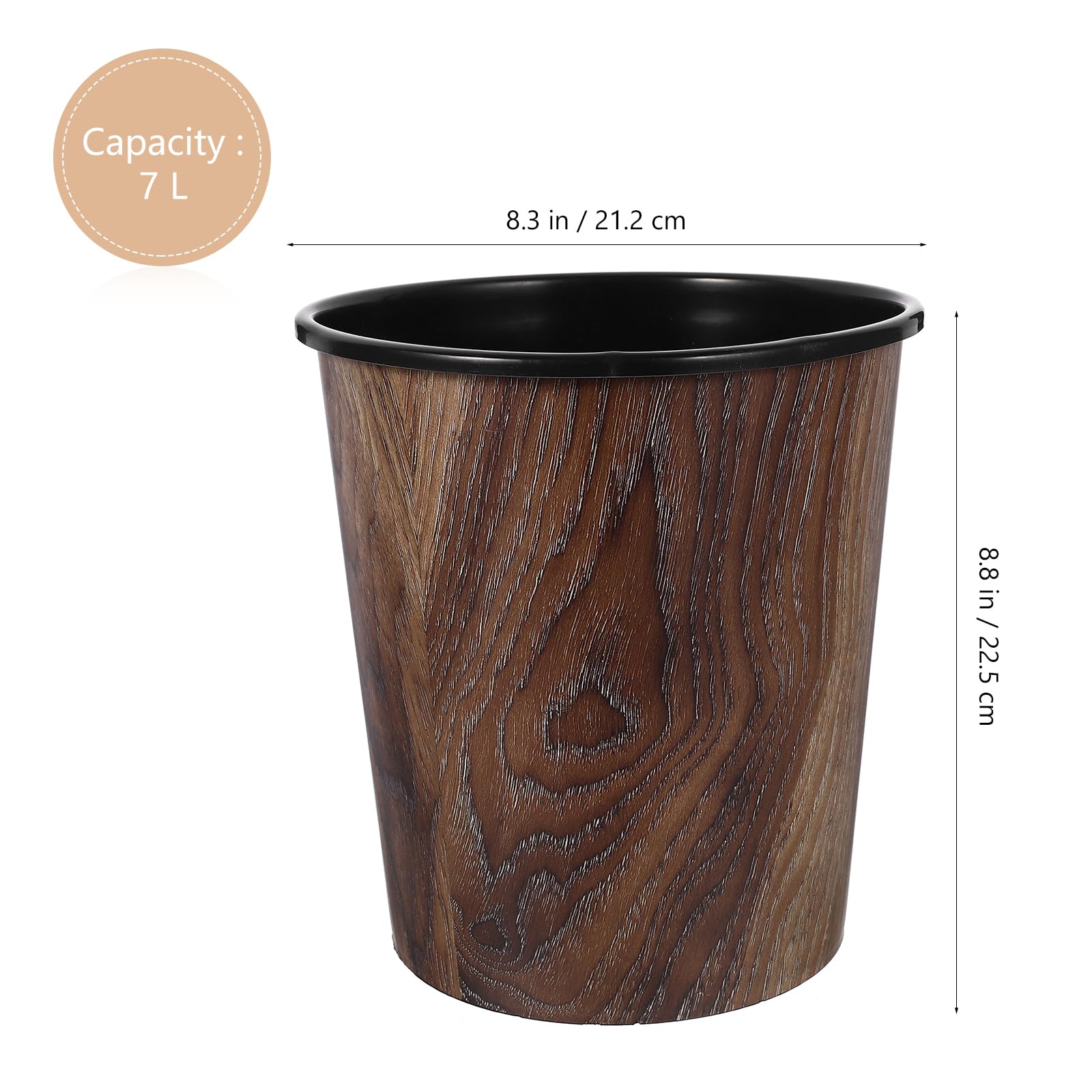 WOFASHPURET Plastic Trash Can, Vintage Small Trash Can, 1.83 Gallon Plastic Round Wastebasket Imitation Wood Grain Garbage Bin Brown Open Top Garbage Can for Office, Living Room, Hotel, Bathroom